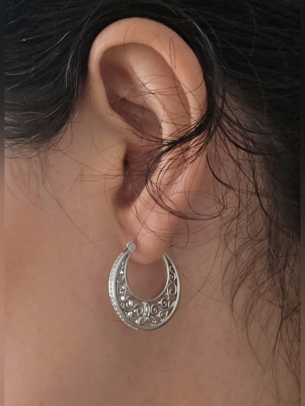Silver Plated Filigree Crescent Hoop Earrings - Silver